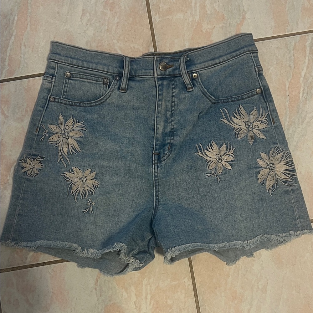 J. Crew Blue Jean Shorts with Floral Embroidery